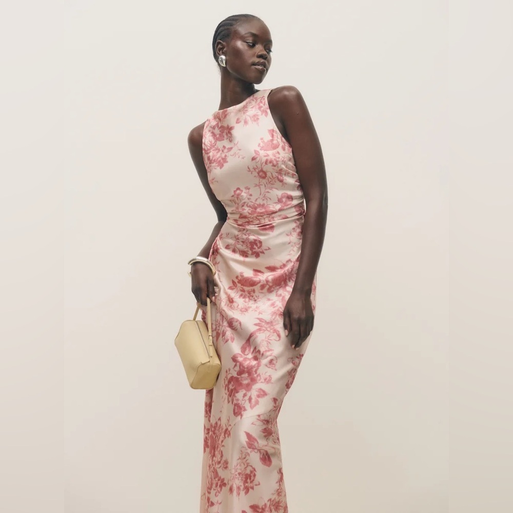 Reformation Anaiis Long Silk Dress Cameo Rose Pink Cream Floral | US 0 UK 4 - Picture 3 of 14